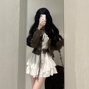 法式白色长袖连衣裙子女2024春秋季小个J子仙女裙纯欲短款皮衣外