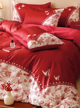 新婚四件套床单被套结婚喜v被高档婚房纯棉床上用品婚庆大红色陪