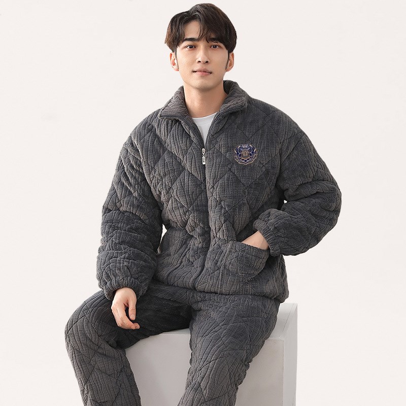 冬季牛奶绒男款睡衣三层夹棉加厚保暖柔软舒适行睡袋可外穿家居服