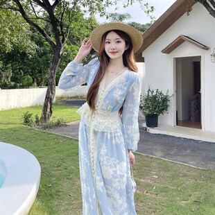 春夏新款 重工珍珠扣花边蕾丝q修身 连衣裙收腰显瘦V领长裙