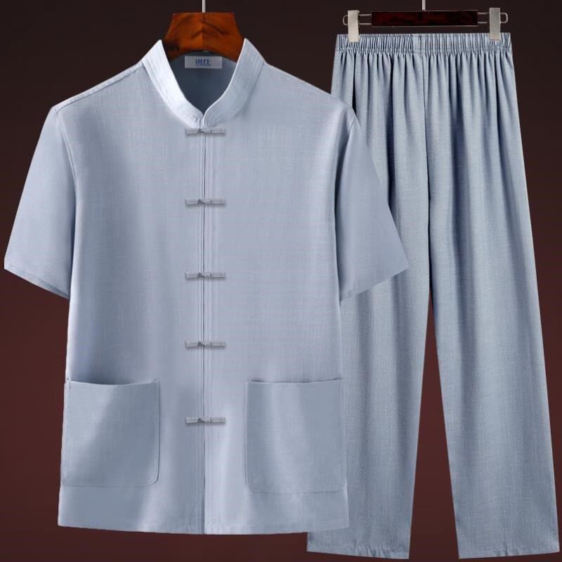 中老年唐装男士爷爷装夏季爸爸装中国风棉麻短袖S套装老人衬衫汉