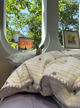 藤蔓紫心  四件套A类母婴级紫色爱心条纹双层纱纯棉少女全棉床品