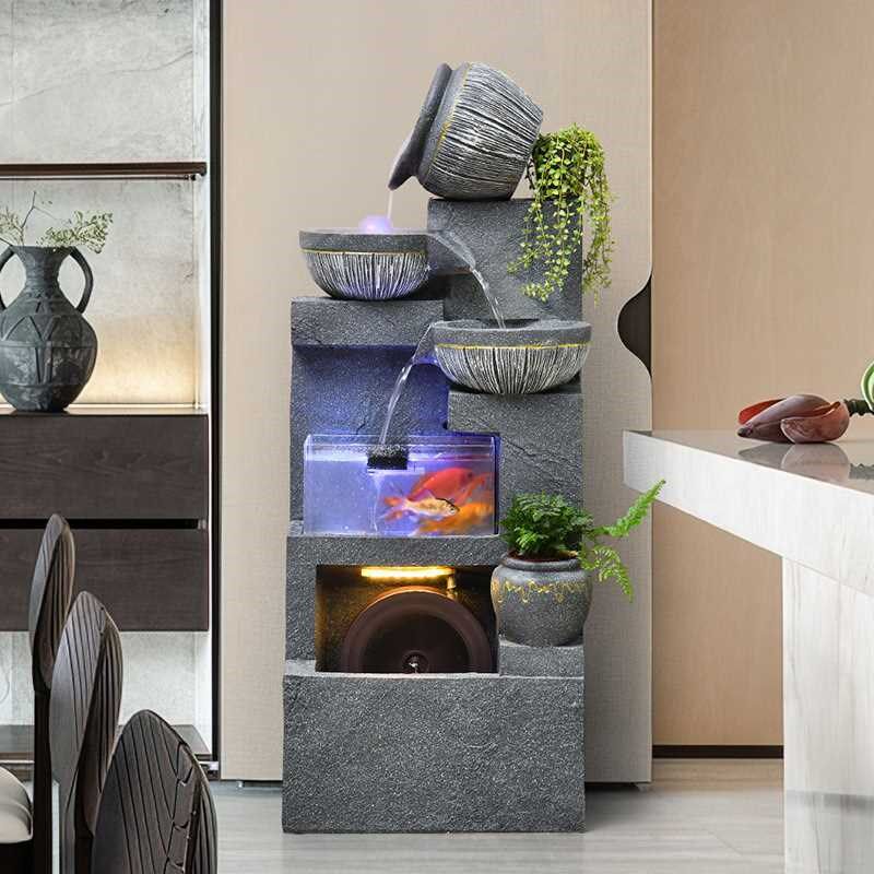 欧式简约假山流水喷泉加湿器风C水轮鱼缸客餐厅玄关开业小摆件