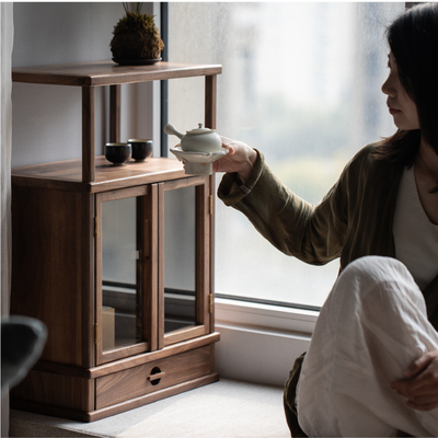 新中式飘窗阳台茶事柜黑胡桃木瓷器柜席地榻榻米T储物柜收纳展示