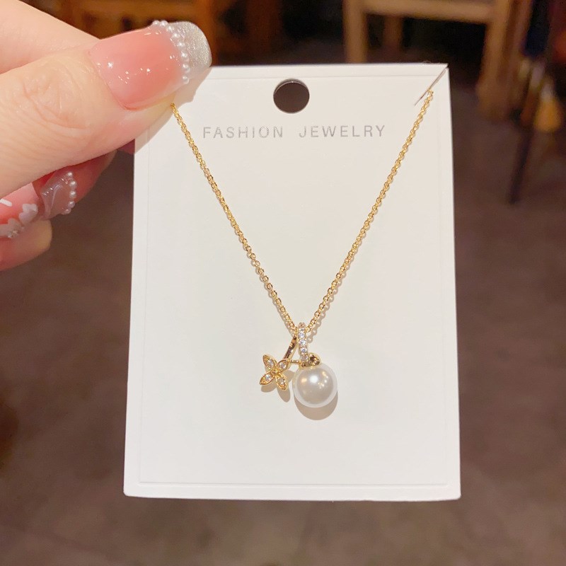 小众时尚轻奢设计感锆石花朵珍珠吊坠项链个性百搭甜美锁骨链配饰
