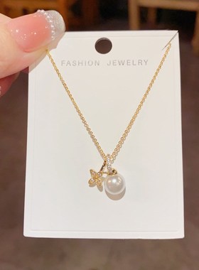 小众时尚轻奢设计感锆石花朵珍珠吊坠项链个性百搭甜美锁骨链配饰