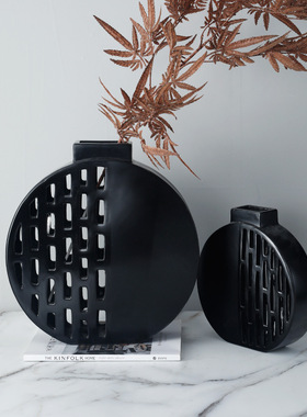 现代简约黑色镂j空圆花瓶电视柜酒柜装饰摆件样板房售楼处工艺品