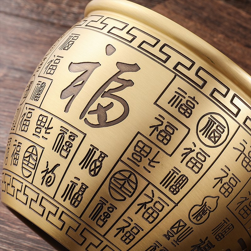 百福缸聚财纯黄铜米缸客厅家居聚宝盆底座五福临门小摆件存钱铜罐