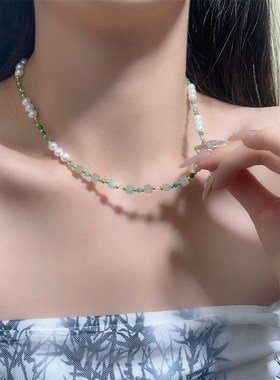小众绿色水晶串珠项链高级感设计串珠小清新锁骨链新中式国风配饰