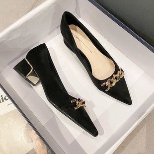 粗跟单鞋女中跟2024年新款春夏黑色气质职业绒面高跟鞋.设计感小