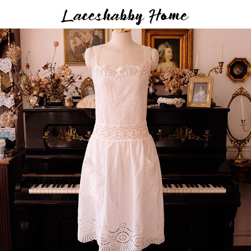 伊丝莎贝新款复古乡村风白色镂空绣花蕾丝棉质法式布艺居家围裙女,家庭/个人清洁工具,围裙,淘宝优惠券,粉丝福利购,淘宝优惠卷