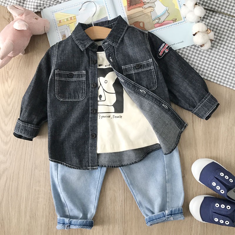 百搭80-130码男童翻领牛仔y衬衫宝宝舒适衬衣中小童纯棉外套春装