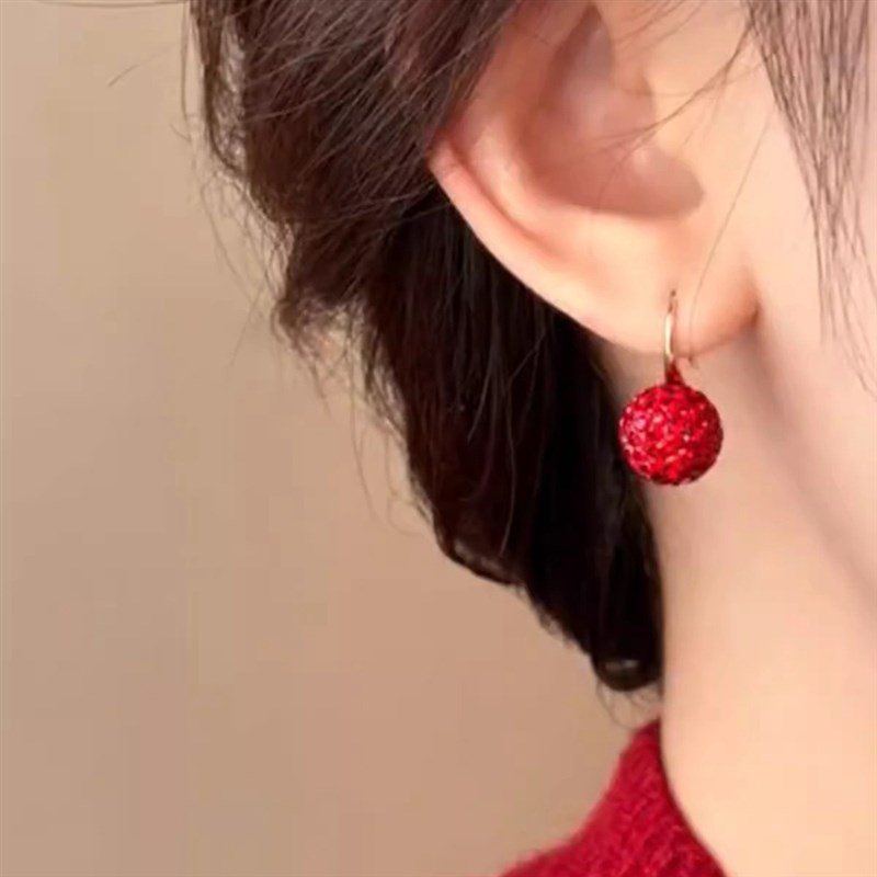 中国风超闪红色满钻新年喜庆耳饰高级感简约气质秋冬耳饰耳坠女