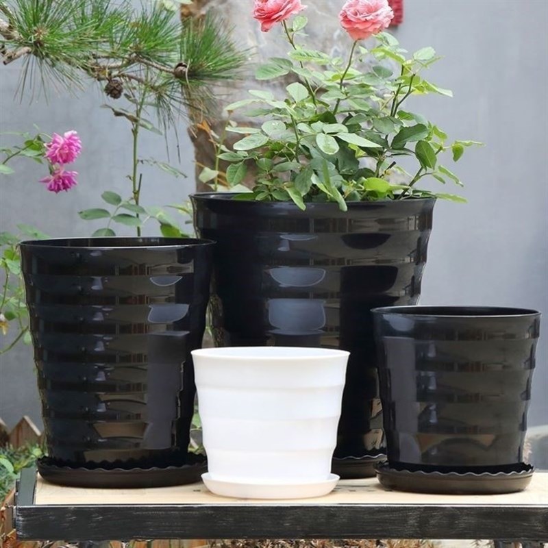 花盆陶瓷特大号30cm以上超大螺纹加厚黑白色仿陶瓷树脂塑料送托盘