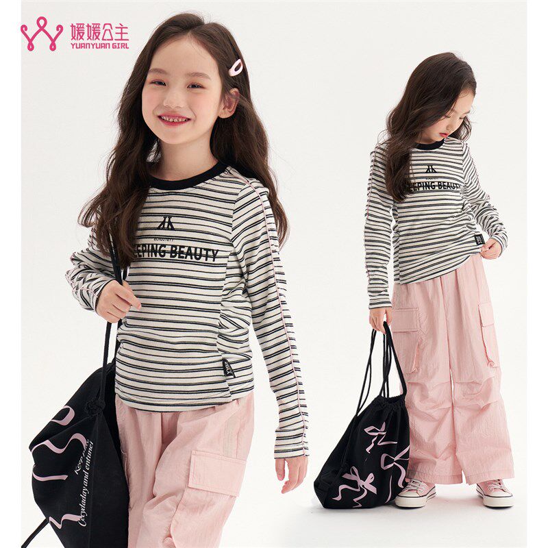 童装202d5春夏款女童条纹收腰修身显瘦打底衫长袖T恤童装体恤衫潮