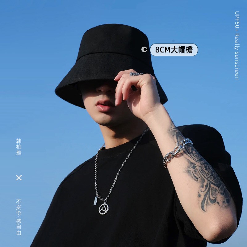 潮牌渔夫帽子男士春夏款大头围遮阳帽黑色户外简约太阳帽女防晒帽