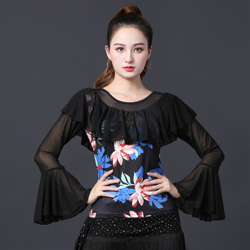 新款荷叶袖c广场舞上衣女成人拉丁舞蹈服圆领印花交谊舞表演练功