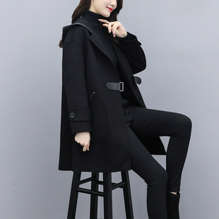 双面羊绒大衣女2021秋冬季新款宽松显瘦大码女装连帽黑色毛呢外套