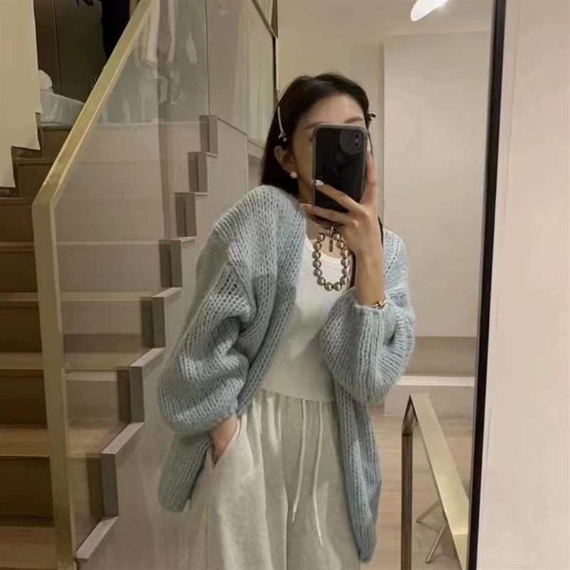 韩系甜美慵懒风粗线针织开衫女2023春季新款宽松纯色披肩毛衣外套