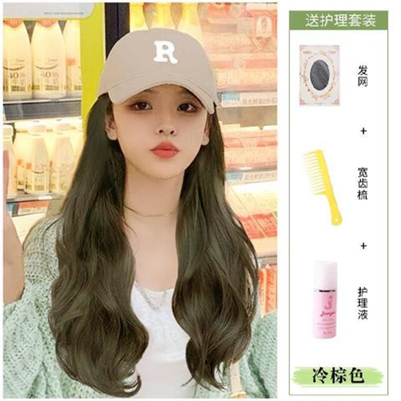 假发帽子一体女秋冬2022年时尚新款网红气质R字母鸭舌帽中长卷发