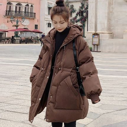 纯色收腰棉服女中长款设计感小众2023H韩系冬装新款加厚羽绒棉衣
