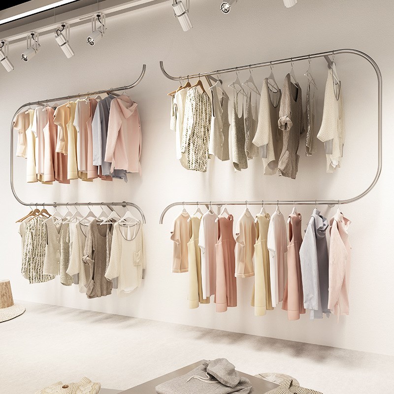 服装店展示架银色铁艺落地服装架女装童装店挂衣架上墙壁挂架