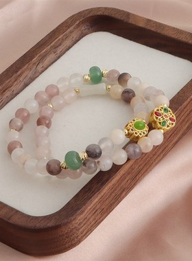 国风新中式天然紫太翠水晶手链多宝玉竹节双圈手链百搭汉服配饰