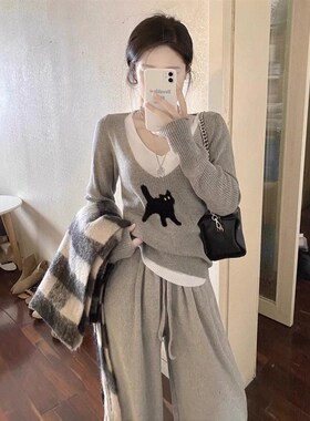 灰色针织衫打底衫女2025开春季新款内搭设计感小T众假两件长袖上