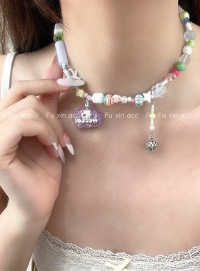 紫色流苏小蛋糕多巴胺串珠项链女清新可爱精致感锁骨链高级毛衣链