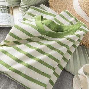 北欧小众 女T恤2025夏新 显白绿条纹高端棉休闲宽松百搭显瘦短袖