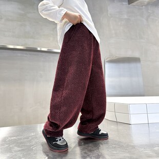 男童秋冬红d色新年直筒休闲裤2024新款儿童男孩冬季加绒加厚裤子