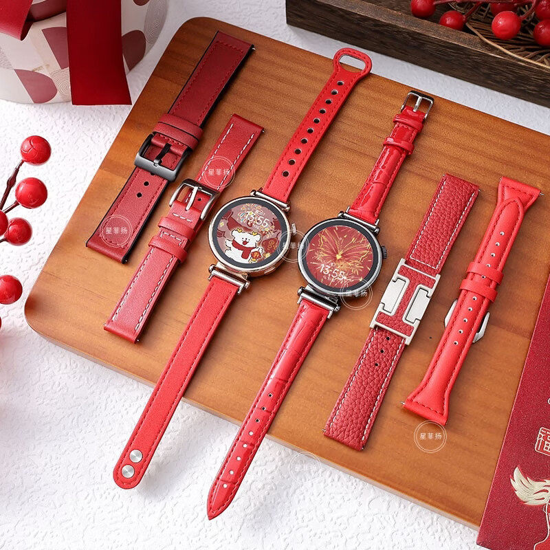 适用华为GT手表皮质新年红表带