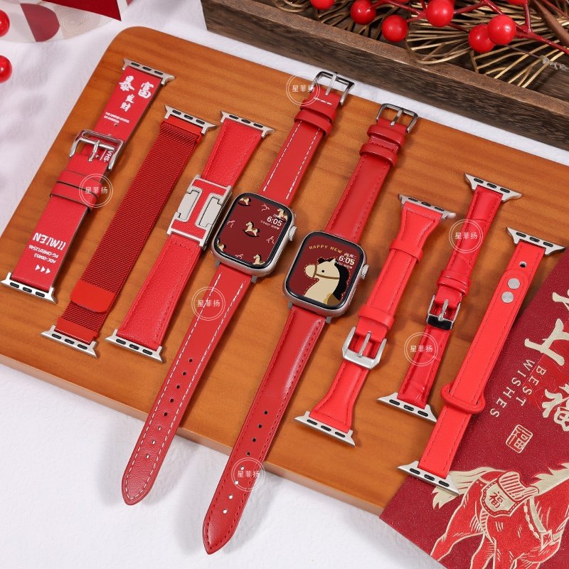 适用苹果S11/S10手表新年红色皮质表带荔枝纹iwatch10秋冬applewatch9针扣S8腕带Ultra3/2女款SE运动6男7创意