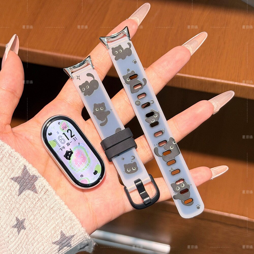 适用小米手环10/9/8硅胶表带磨砂透明果冻色黑猫印花7腕带个性6/5/4/3代替换手表带通用陶瓷版nfc高级感ins风