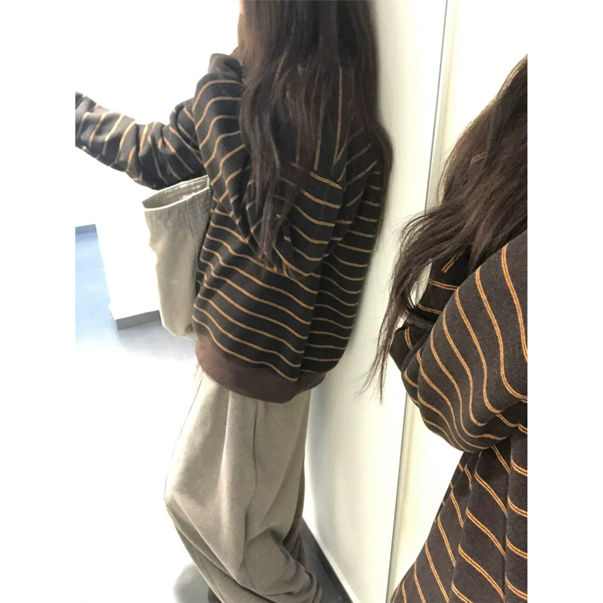 韩系复古条纹无帽卫衣女