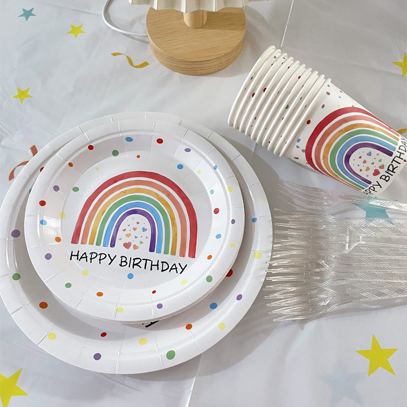 ins彩虹生日快乐蛋糕餐盘纸杯叉子桌布儿童派对装扮布置道具氛围
