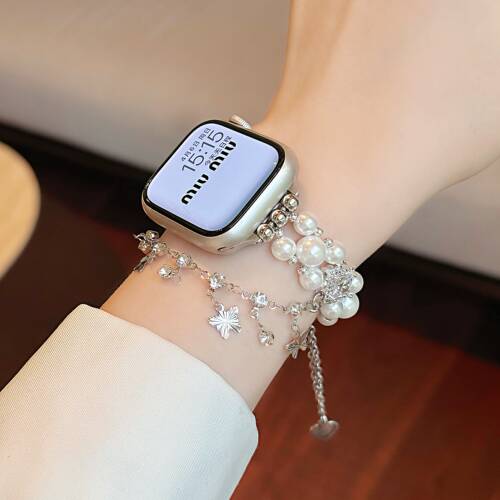 适用苹果apple watch11蝴蝶珍珠伸缩表带i串珠手表链iwatch10表带