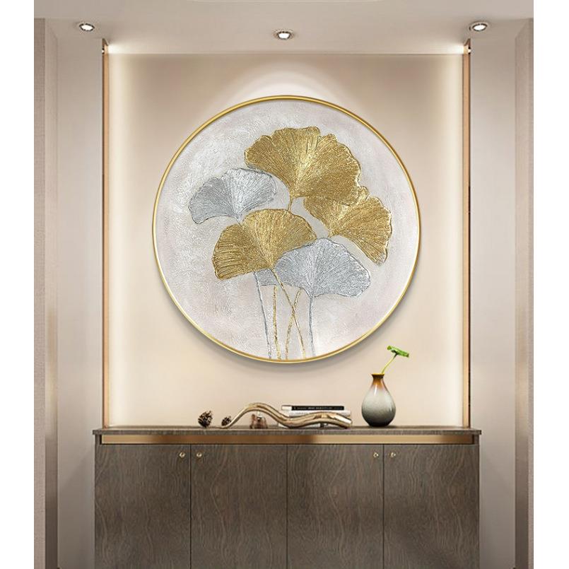 纯手工油画北欧办公室银杏叶圆框装饰画客厅玄关餐厅圆形挂画手绘