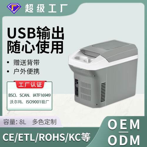 新款8L车家两用USB迷你冰箱户外露营背带便携式制冷制热车载冰箱