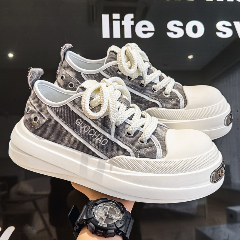 厚底增高大头帆布鞋男新款透气百搭时尚运动休闲板鞋女轻便面包鞋