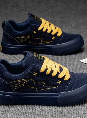 美式复古小众设计闪电休闲板鞋秋冬季深蓝色百搭运动鞋男鞋子潮鞋