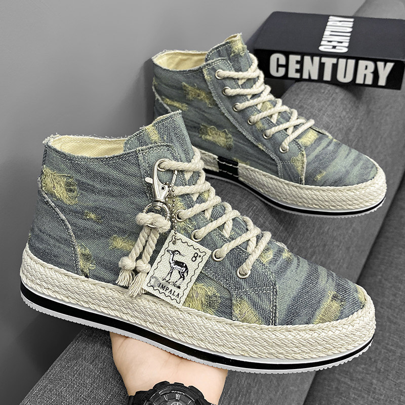 帆布高帮草编男鞋秋季2025新款休闲板鞋男士厚底增高透气高帮布鞋