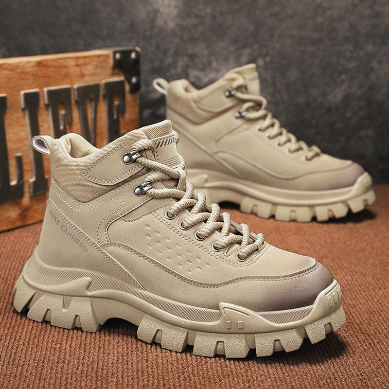 高帮鞋男款秋季2025新款厚底防滑增高工装登山男鞋防水中帮马丁靴