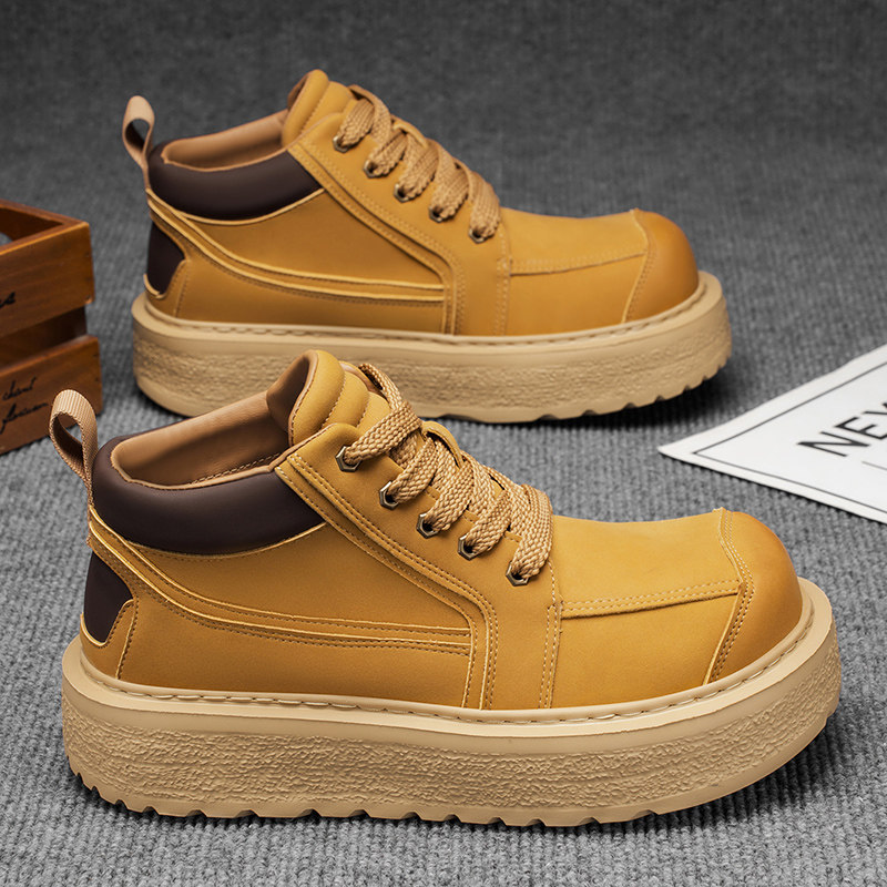 马丁靴男款2025新款复古做旧大黄靴系带厚底增高鞋中帮轻便大头鞋