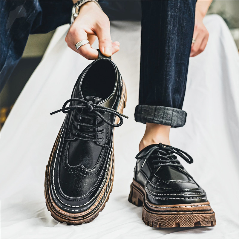男鞋秋季2025新款黑色商务鞋子男款休闲皮鞋男士低帮工装布洛克鞋