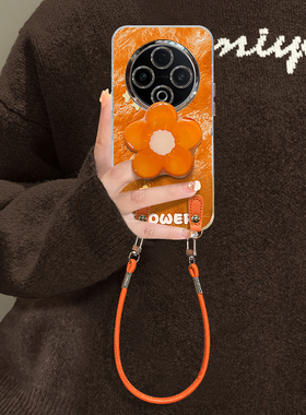 适用vivoY500手机壳Y300T橙色花朵Y200i唯美创意y100支架挂绳Y78+带镜头膜y77e全包防摔y76s保护套女款vivo