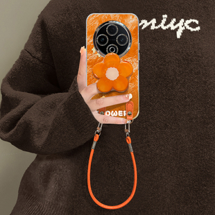 适用vivoY500手机壳Y300T橙色花朵Y200i唯美创意y100支架挂绳Y78 vivo 带镜头膜y77e全包防摔y76s保护套女款