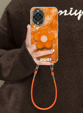 适用华为nova14手机壳13Pro橙色花朵12ultra高级感女11/10保护套新款nova9全包防摔8带镜头膜7/6se挂绳支架壳