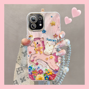 油画小马适用小米11手机壳10s新年款 13Pro带手链镜头膜14ultra全包防摔15SPro可爱卡通外壳 限定12X高级感女款