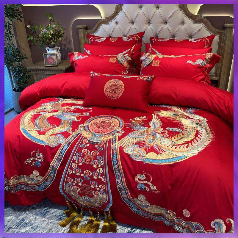 ⇘中式婚庆100支贡缎提花四件套龙凤刺绣纯棉被套结婚陪嫁床